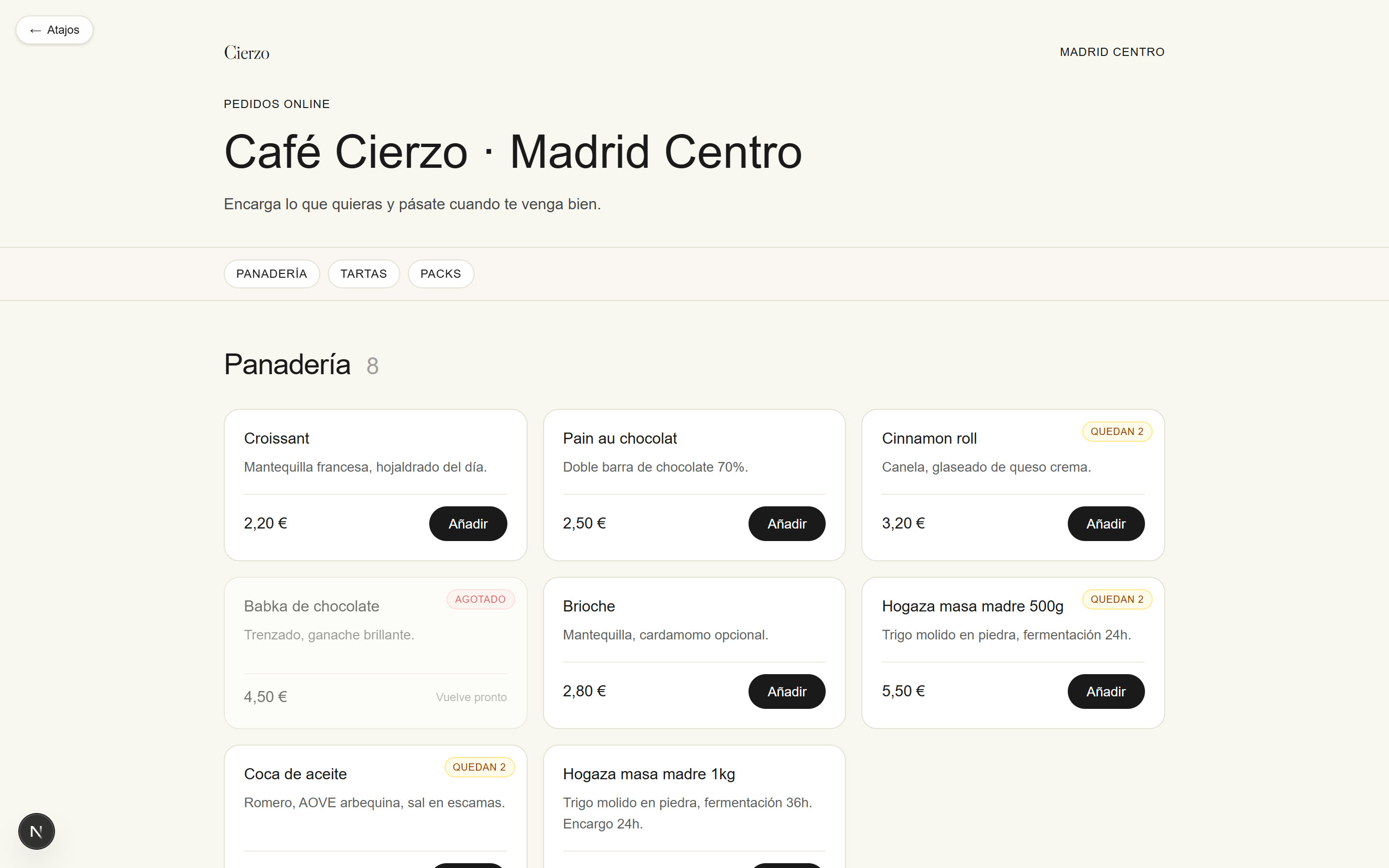 Menú público del local con productos, categorías y precios