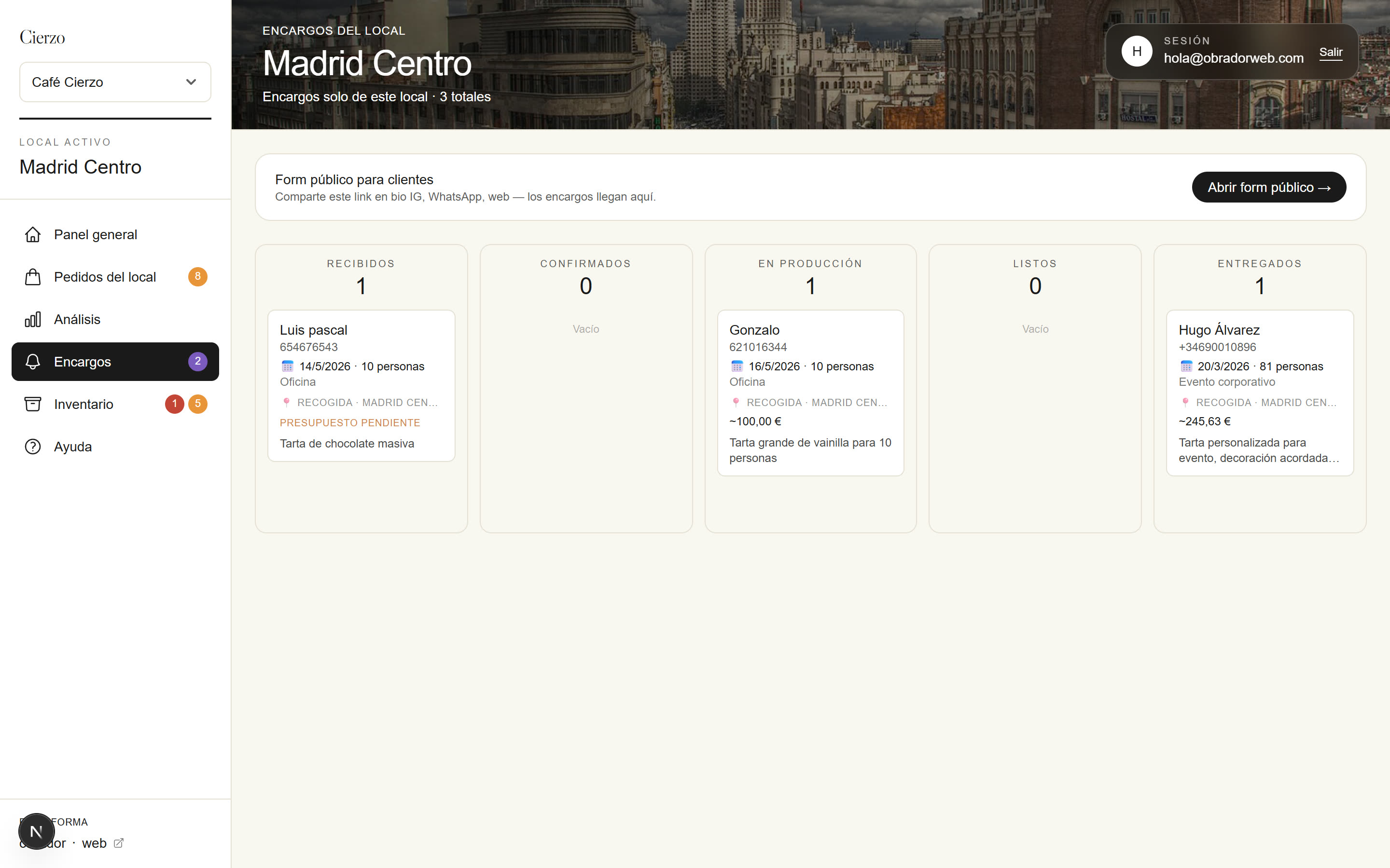 Kanban de encargos con 5 columnas y cards reales
