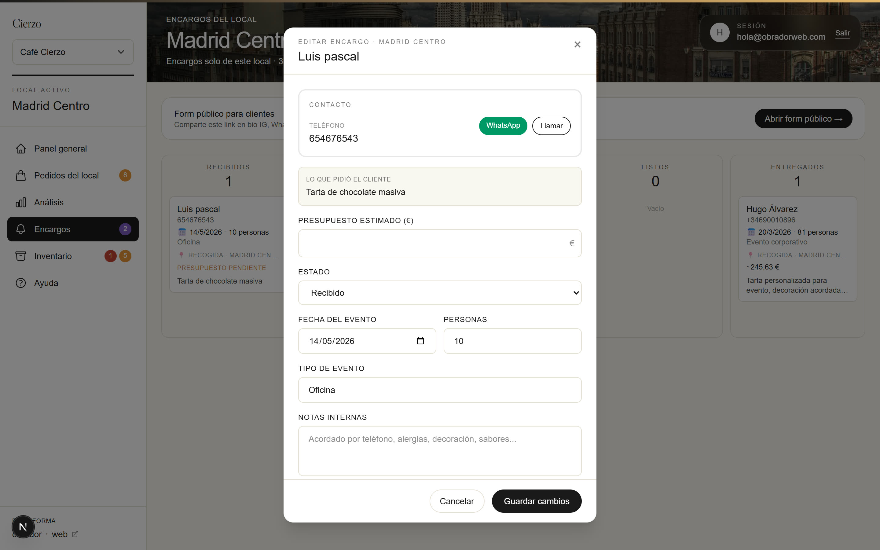 Modal de edición de encargo con WhatsApp y llamada al cliente