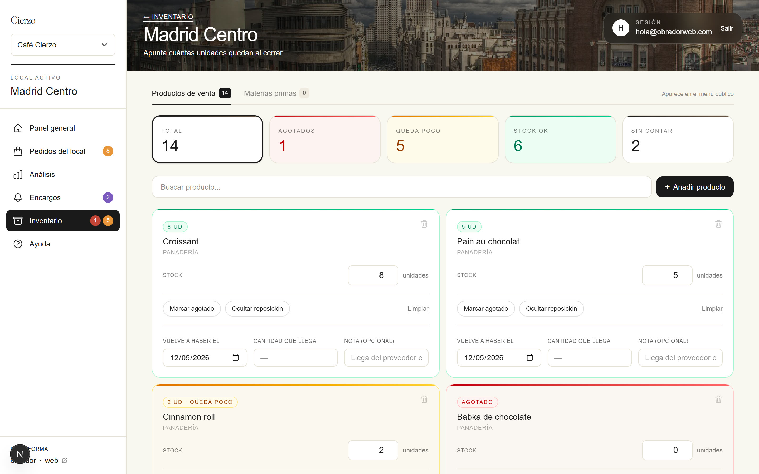 Detalle de un local con productos individuales y stock