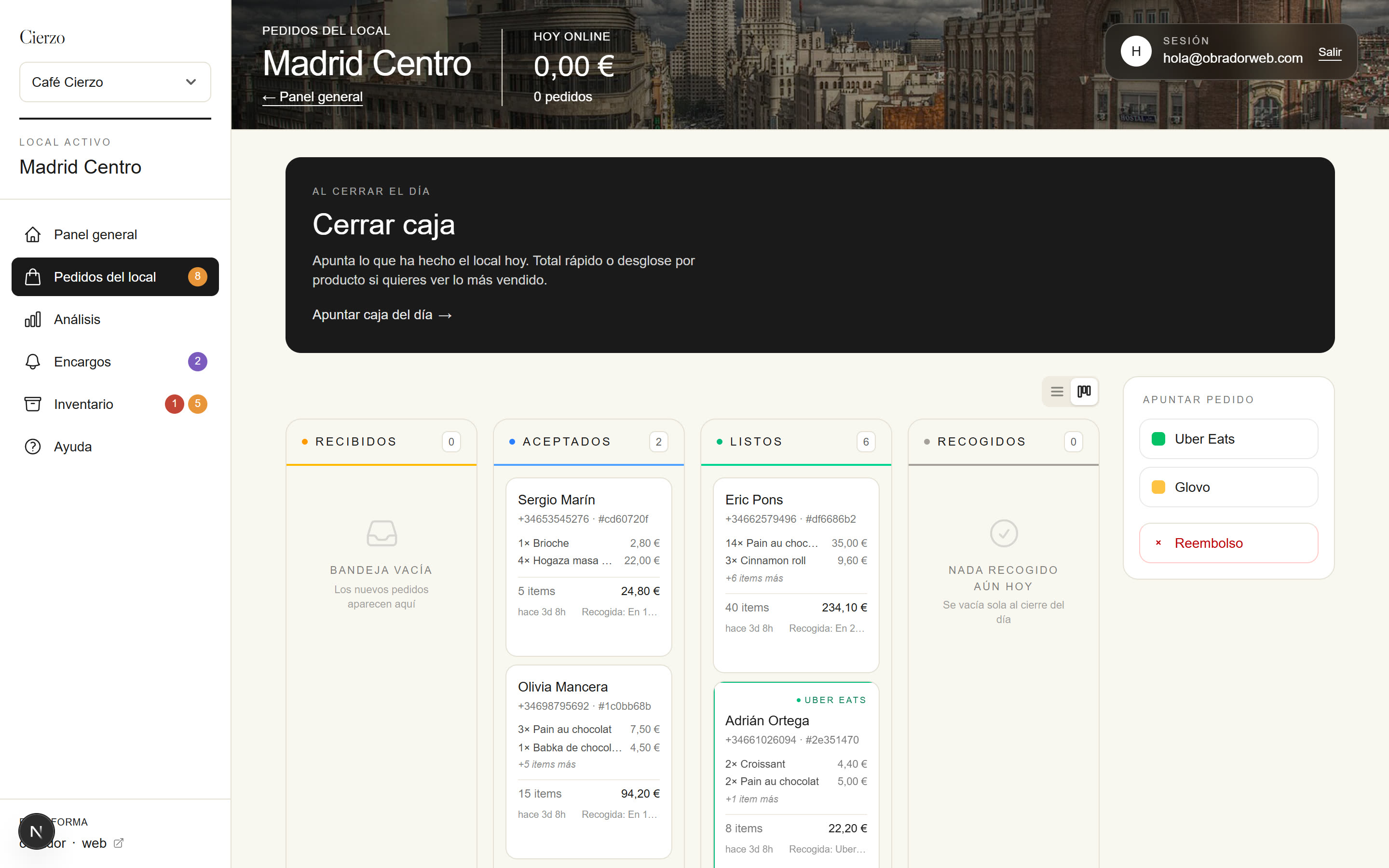 Vista kanban con columnas Recibidos, Aceptados, Listos, Recogidos