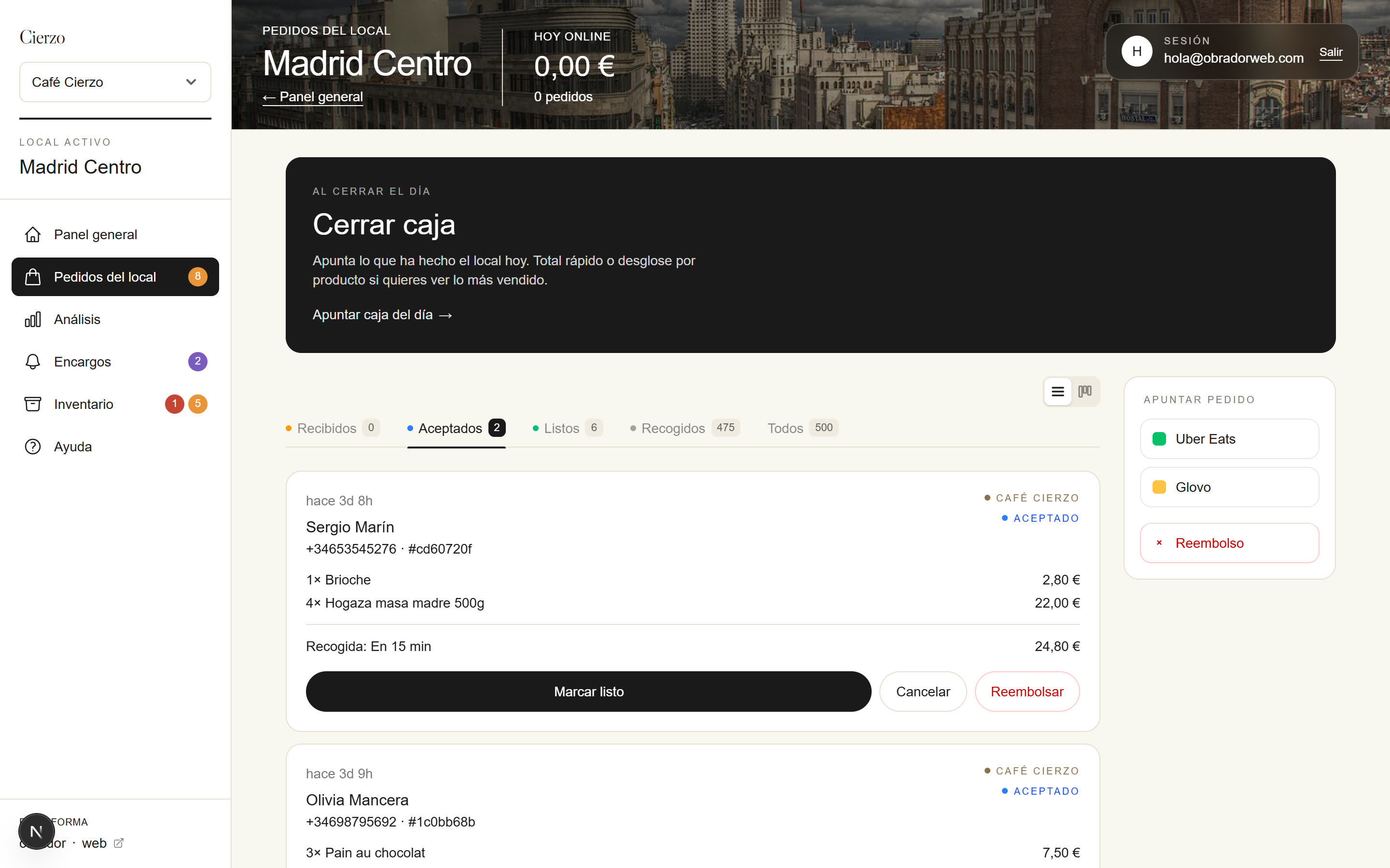 Vista lista con cards de pedidos aceptados